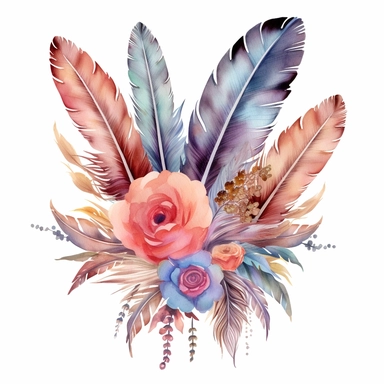 Create a mesmerizing composition of boho flowers and delicate feathers in a watercolor style. The vibrant colors and intricate details of the floral clipart bouquets and feathers come together to form a captivating artwork. Let the bohemian spirit of natu