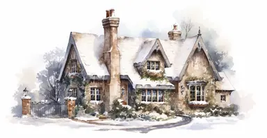 Cute English Cottage, snowy, watercolor clipart
