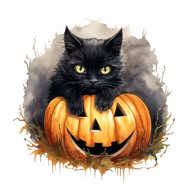 Black cat sitting in Jack - o' - lantern, halloween, isolated on white background watercolor, high detail, unique, intricate detail, hand Sublimation Clipart, Cartoon, hyper realistic, intricate detail, illustration style, high solution, on the white background
