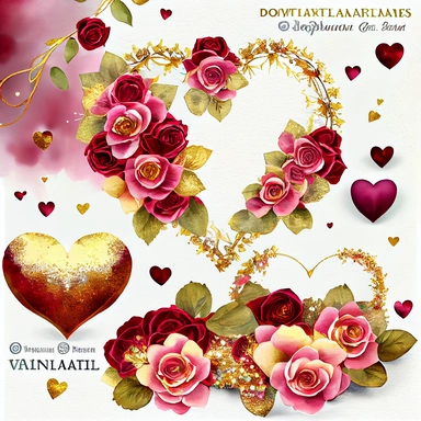 beautiful, extremely detailed, realistic, light burgundy roses, on elegant, sparkling, detailed gold glitter hearts Watercolor Valentine's day wreaths and clipart, Hand painted hearts,