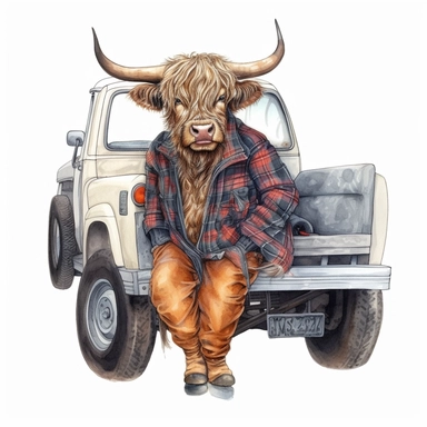 hand drawn highland cow wearing clothes and driving a vintage farm truck, very detailed and realistic, watercolor, white background with margins, clipart style