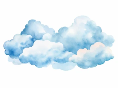 3D illustration of beautiful fluffy watercolor clouds with glitter, dreamcore clipart, for children's nursery, shades of soft pastel blues and baby blue color palette, ethereal, dreamy, isolated on a white background,