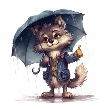Cute Adorable magical little Werewolf holds laterally a umbrella in his hand wears a raincape and stand in the rain on a country road, clipart, photorealistic illustration, watercolor, high detail, 8k polished, 8k, vibrant colors, white background