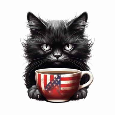 Independence Day , black Cat carry a coffee cup on funny jealous face ,Sublimation Clipart