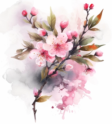 watercolor clipart,a screenshot of a branch with pink flowers that appear to be blooming, in the style of chinese iconography, magali villeneuve, unexpected fabric combinations, multiple filter effect, feminine sticker art, i can't believe how beautiful this is, pictorial harmony