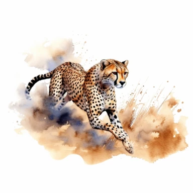 realistic watercolor cheetah running full speed while dodging rocks on the dry african land on solid white background, clipart