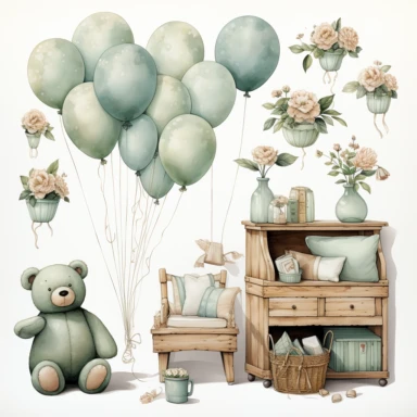 watercolour, baby theme, clipart, soft and muted pastel nuances, white background