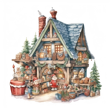 watercolor style, Santa's workshop: A depiction of Santa's magical workshop, bustling with elves, toys, and gift preparations. Clipart, isolated on white background, 4K
