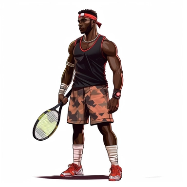 full body clipart dark skinned extremely handsome muscular black man in with head band tennis outfit with tennis racket