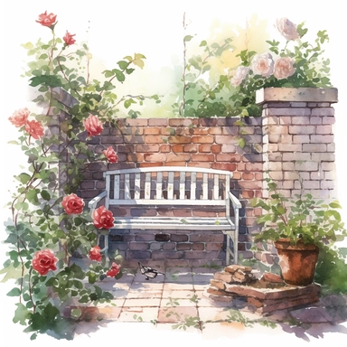 watercolor, hyper realistic, white background, white margins, 16k, ultra detailed clipart, cut out image, hand-drawn, whimsical manhwa style, ultra HD, sharp and clean art a secret garden surrounded by a brick wall, with blooming roses and a garden bench.
