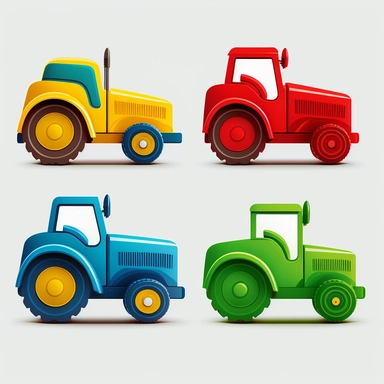 cute colourful vibrant red, green, blue an yellow farm tractor vehicles, each side profile view front view, rounded edges, rounded corners, detailed vector clean illustration, clipart, svg, white background