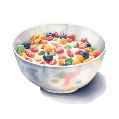 watercolor for a clipart with a white background of a bowl of cereal with milk, realism, painted by bob buyerley