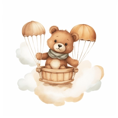 Boho teddy bear clipart for a nursery, light brown tone for a boy, flying past a cloud, solid white background