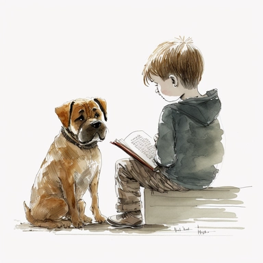 a dog sitting next to a young boy reading a book, watercolor and ink drawing, clipart, happy, gentle smile, beautiful watercolor ink wash coloring, thick pencil lines, Jon klassen, Adrian tomine, popular on etsy, watercolor illustrations clipart, watercolor illlustrations for kids and children, book illustrations, plain white background