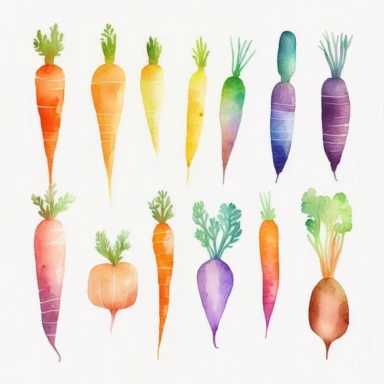 Design a series of watercolor carrot cliparts in various sizes and colors, such as orange, yellow, and purple.