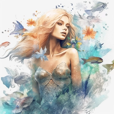 over realistic beautiful blonde mermaid woman with beautiful bright mermaid tail in the sea with watercolor effect,realistic face,detailed scene,sea plants,coral and mussel,underwater details,random colorfull fishes,blue color,fade colors,suitable for digital clipart,white background no physical deformation , realistic features,full body,fantasy scene