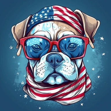 Super cute, American flag with bulldog scarf and sunglasses Sublimation Clipart, Cartoon funny, Cute anime, Very detailed, firework blue background