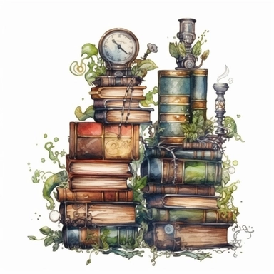 Steampunk styled books with watercolor effect,unrealistic fantastic,white background,suitable for digital cliparts,fantastic scene,high quality,green plants