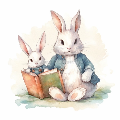 Cute rabbit holding a story book read to cute white fluffy bunny,smile expression,wear shirts,sitting pose, front side view, in the style of watercolor cartoon clipart, kate greenaway style,pixar style, high resolution, composition free space, pastel color scheme, soft and tender, watercolour clipart, watercolor illlustration for kids and children,isolated white background, clipart most popular on etsy, book illustration, featured on dribble,print on demand image, PNG tranparent background,detai