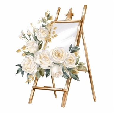 hand drawn gold easel with a blank white sign, white roses and white flowers with greenery, glamorous, very detailed and realistic, watercolor, clipart style, white background with margins