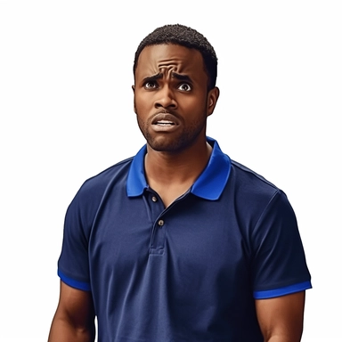 photo-realistic mildly confused and frustrated, yet contained, african american man, age 25, wearing a royal blue polo shirt, on white background for vector clipart