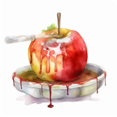 create a beautiful high quality detailed disney style watercolor clipart illustration of a large candied apple being displayed on a decorative tray, no text, no font, white background