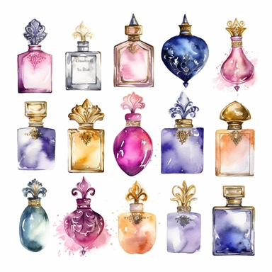 Eleven Watercolor Princes Perfumes Clipart by Nita Engle on solid white background