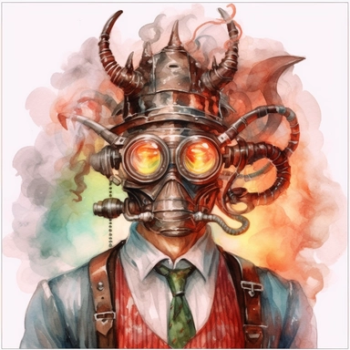 Create a realistic watercolor portrait of a steampunk circus master wearing a gas mask and goggles, standing in front of a mesmerizing mechanical fire-breathing dragon, transparent background, clipart, clear outlines