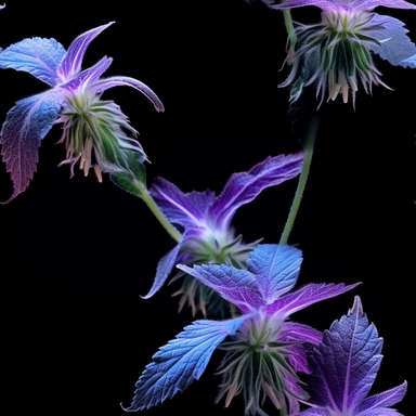 Purple borage flowers as a clipart with black background. A masterfully crafted digital artwork that explores the beauty and intricacy of purple borage flowers. The composition offers a close-up perspective, allowing the viewer to marvel at the delicate details of each petal and the unique patterns they create. Soft lighting highlights the vibrant purple tones, evoking a sense of tranquility and serenity. The artwork exhibits a contemporary realism style with a touch of impressionism, reminiscen