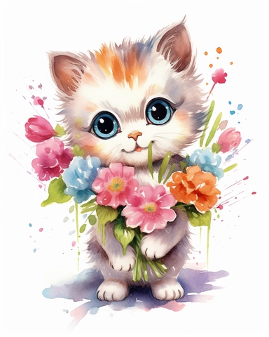Watercolor baby cat holding a bouquet of wildflowers clipart, standing on the ground, childlike innocence and charm, big and adorable eyes, cute and charming expression, funny and floppy two ear, rosy cheeks, shy cat, foreboding colors, valentines day themed, white background, loose brushstrokes, loose detail