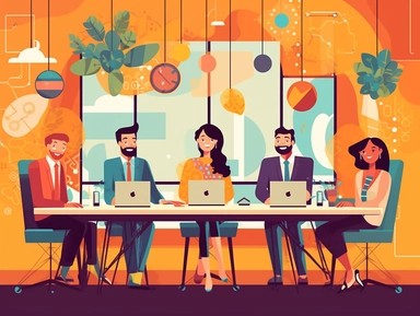 clipart scene of an office staff sitting around a conference table, Alegria style, corporate memphis style, flat art, bold colors, upbeat, happy, friendly, high resolution, 8k