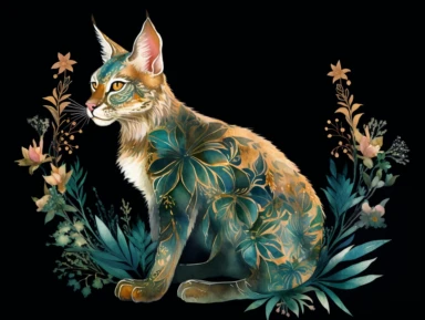 deep emerald gold watercolor Lynx with flowers plants clipart, golden metallic lines and some glitter, shining colors, dark background, 8k, high resolution