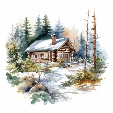 a log cabin in the woods with a garden. it is winter. on a white background. clipart. watercolour.