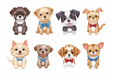 9 sets of a cute baby puppies Munchkin, smile,round face,round head,Wearing a tie,different poses,different breeds, clipart, isolated on white background, spaced out,