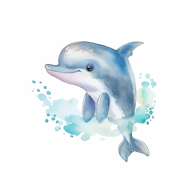 a dreamy baby dolphin with kind eyes clipart with watercolor illustration,full body shot,8k,etsy style, white background