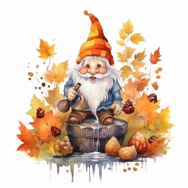 Watercolor, Gnomes Cutie cartoon, Water well garden of autumn Flower, clipart, on a white background.