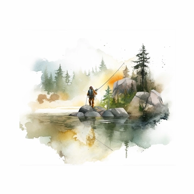 one illustration of fishing Watercolor clipart on a white background, in the style of hazy landscapes, nature-inspired motifs, free brushwork, fantasy settings, decaying landscapes, no watermark, text, 300 DPI , typography, shapes do not stick together, no text in the picture, on a white background