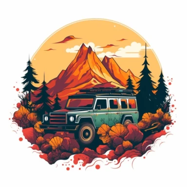 offroad floral advventure car 4*4 vehicle truck between high mountains and trees, vivid colors, sunset, clipart, hd, white background