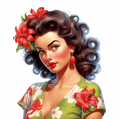beautiful pretty pin up woman, makeup and hair vintage 50's style, hawaiian flower and dress, paint art style, detail, clipart, white background, superrealistic, one of a kind