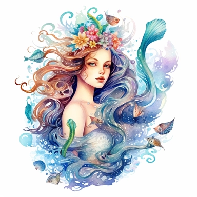 beautiful rich Russian style sea mermaid with long hair full body with fish tale, sea stars, sea shells, portrait, super high quality, high resolution, watercolor clipart, natural colors, isolated white background, 8k