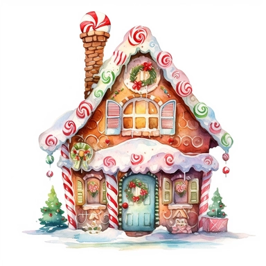 watercolor beautiful vintage Christmas gingerbread house candy house with icing fantasy clipart, whimsical, detailed watercolor style, on white background