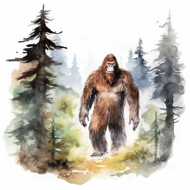 Bigfoot in a forest clipart watercolor, white background