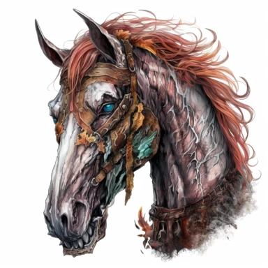 fantasy RPG D&D nightmare horse in the style of digital airbrushing , realistic yet stylized, digitally enhanced, elaborate costumes, 32k uhd, detailed crosshatching, white background, clipart