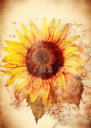 Old paper texture background, ATC card with a sunflower clipart in the center of the paper in watercolor style