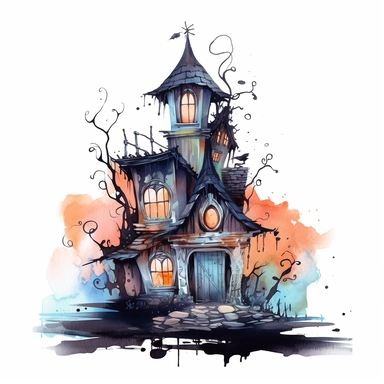 watercolor style, spooky halloween haunted house graveyard in front clipart, haunted house decorated in creepy Halloween style decor, whimsical Halloween witch house, isolated on white background, 4K, dark, night scene
