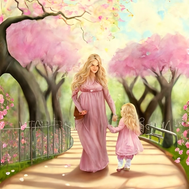 beautiful young pregnant mother with long beautiful blonde hair, toddler daughter with long beautiful hair holding hands walking in park, flowering trees, path lined with benches, highly detailed, realistic, fantasy, ethereal, soft colors, sharp focus, clipart style, fix dress