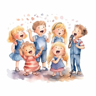 watercolor, Cute children singing song together. Little kids singers in choir. Diverse vocal talented girls and boys group chorus from music school png Full body realistic cartoon in 32K UHD cute. 15 cm thick outline. Black color. There was no shadow on the ground. 8k with realistic watercolors and detailed illustrations. PNG clipart, transparent white background