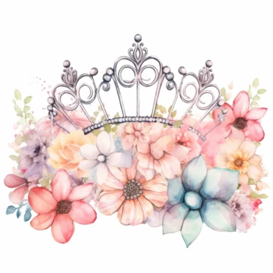 Quinceanera clipart, large princess tiara in foreground surrounded by various watercolor flowers in the background, pastel colors, tiara focal point