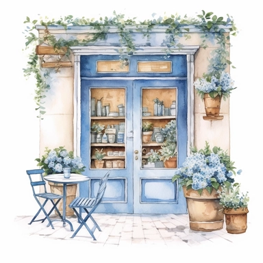 front illumination of ultra - realistic watercolor painting of baby blue cute french cafe interior with open doors clipart, french cafe theme, pastry delicious, cute flowers, serene, cottagecore, 8k trending on etsy, plants overgrowing everywhere, aesthetic, naturalisting, cottagecore, plants, magical, white background, isolated on white, watercolor illustration, award winning