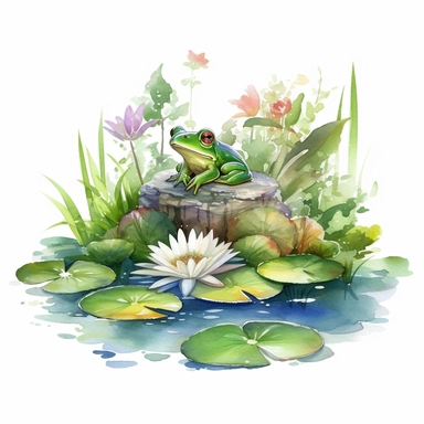 Watercolor Lily Pond Clipart - springtime cute lily pad and frog pond , white background, no text